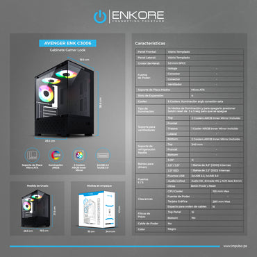 Gabinete Gamer MATX 5 Coolers ARGB Avenger ENK C3006