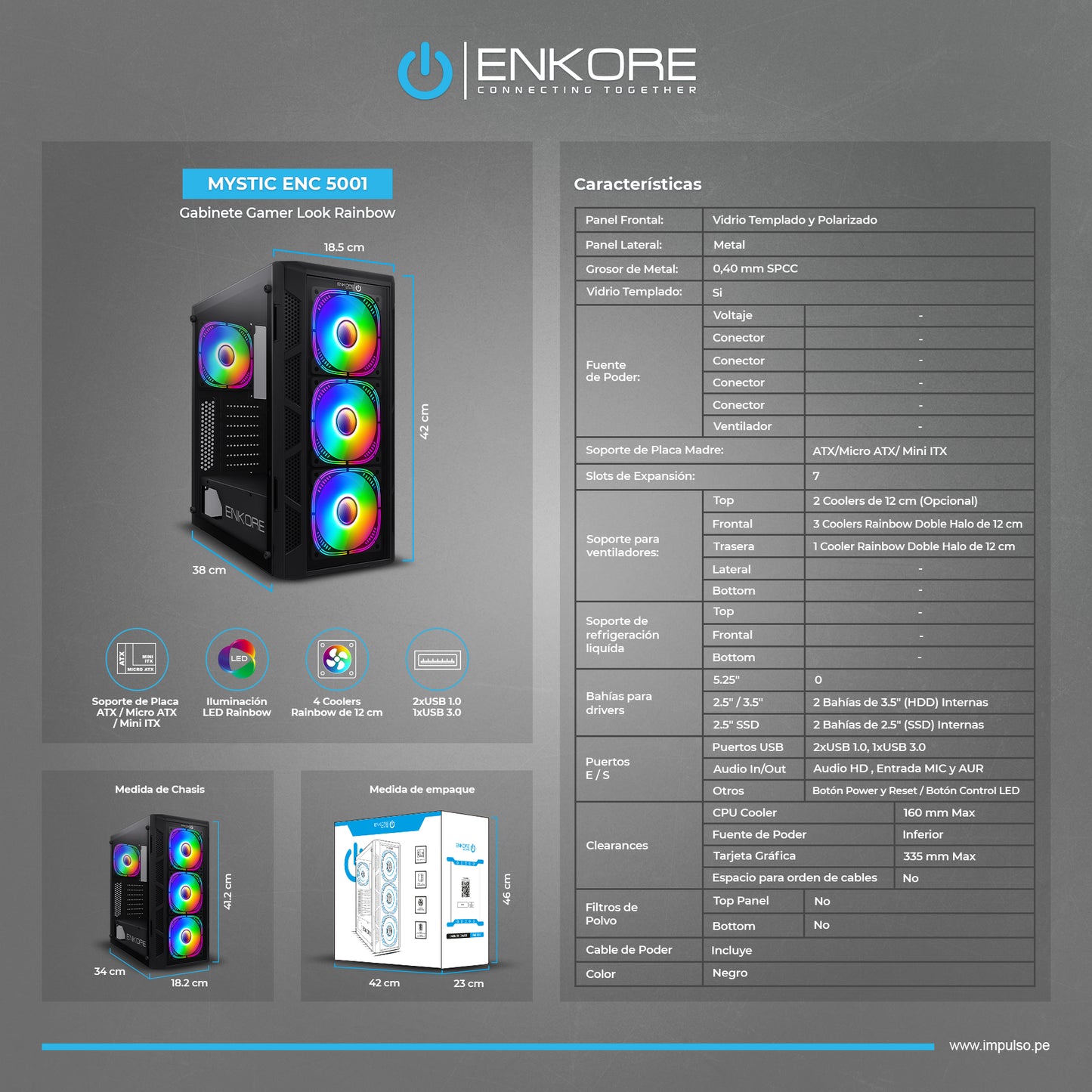 Gabinete Gamer ATX 4 Coolers Rainbow Mystic ENC 5001