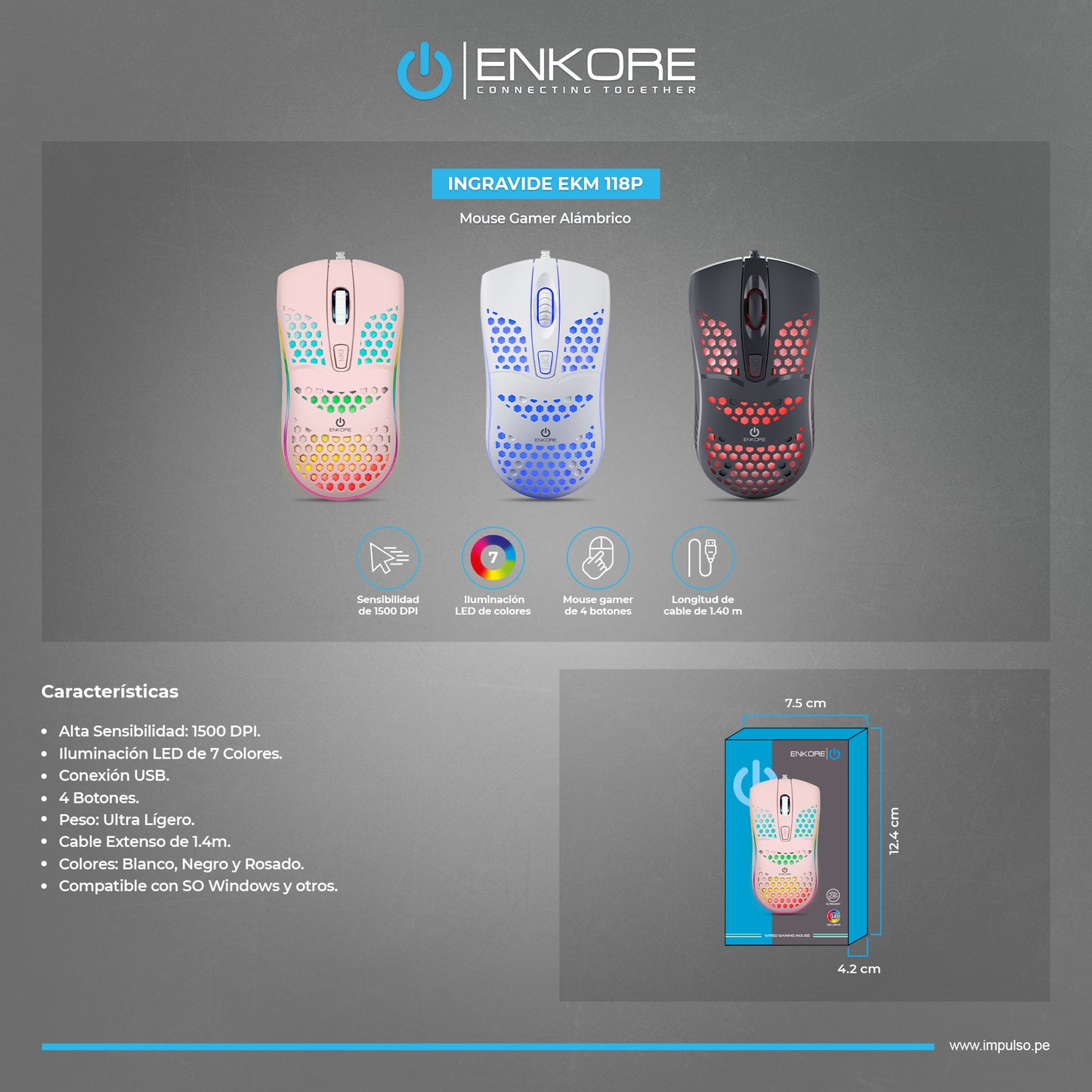 Mouse Gamer LED 4B 1600DPI Blanco Ingravide EKM 118W