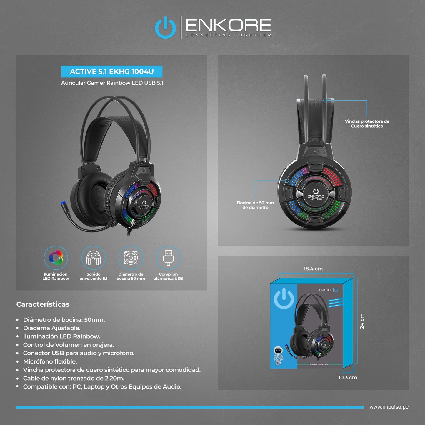 Auricular Gamer Rainbow LED 5.1 Active EKHG 1004U