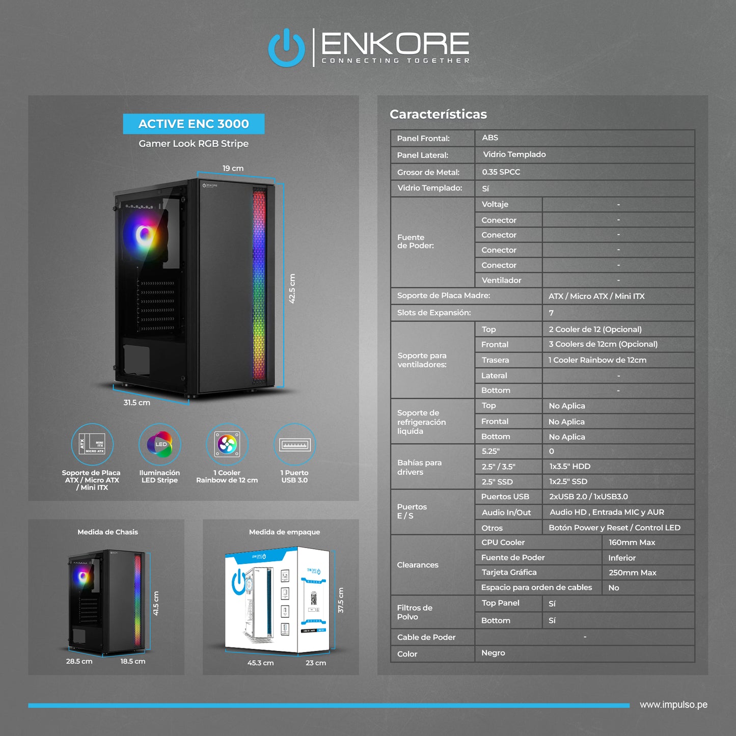 Gabinete Gamer ATX RGB 3 Coolers Rainbow Active ENC 3000