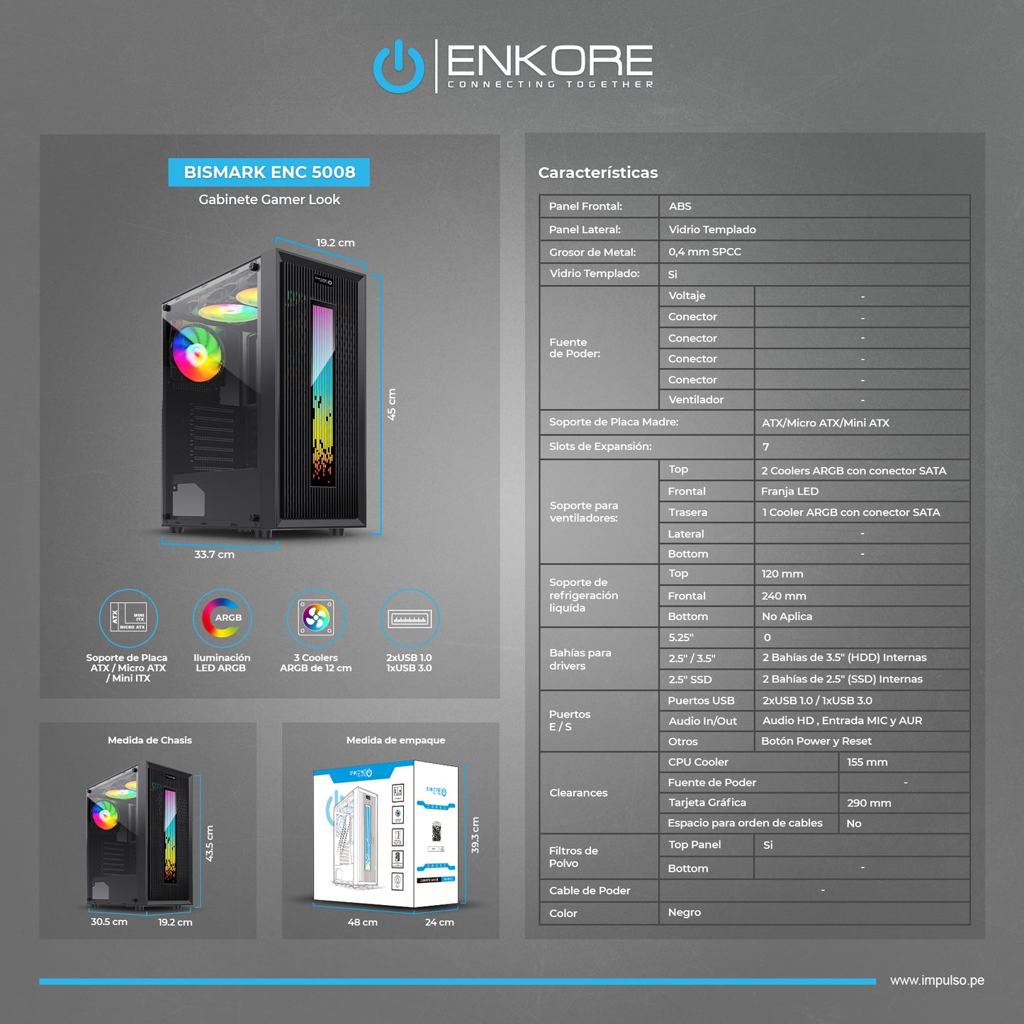 Gabinete Gamer ATX 3 Coolers ARGB Bismark ENC 5008