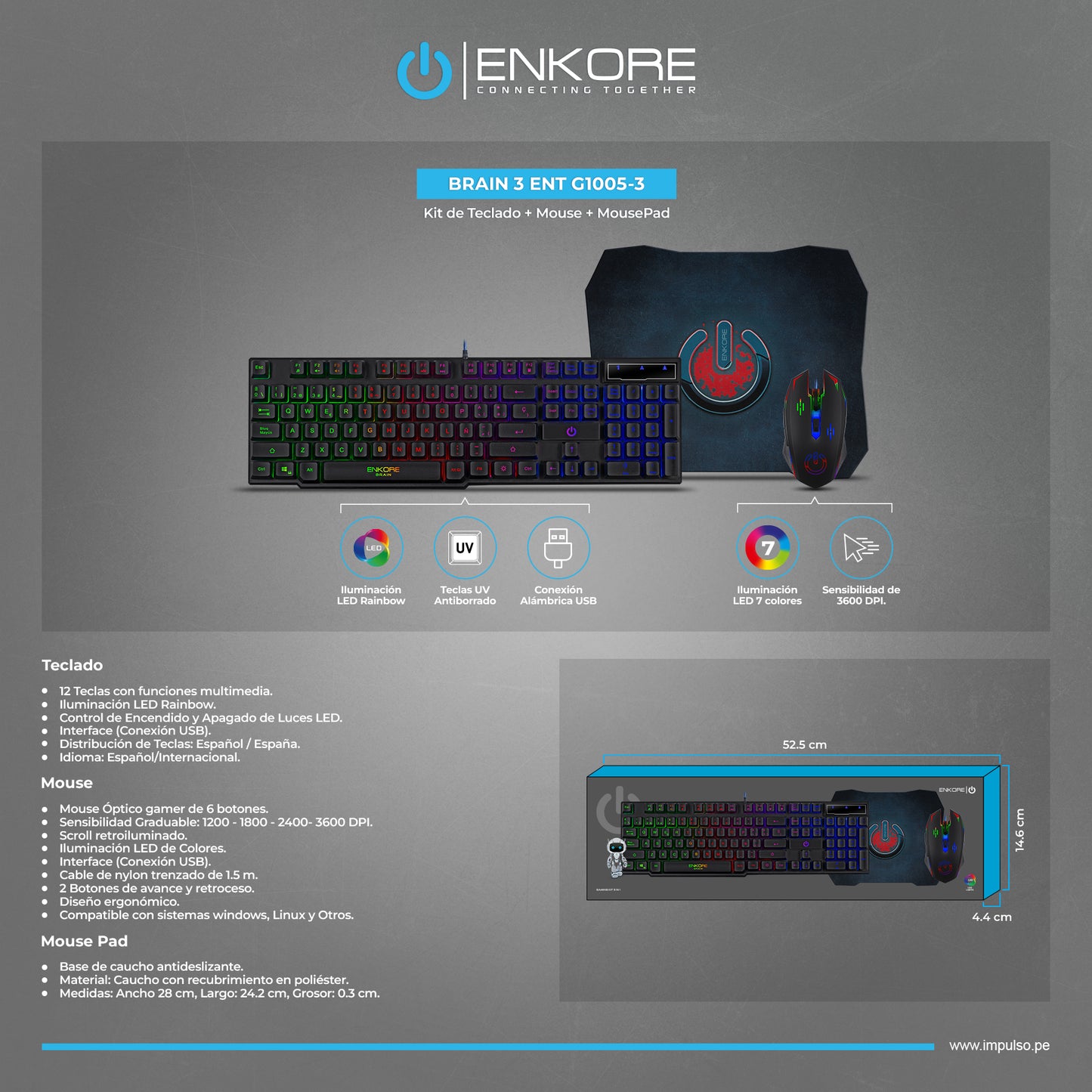 Kit Gamer 3 en 1 Teclado+Mouse+Pad Brain3 ENT G1005-3