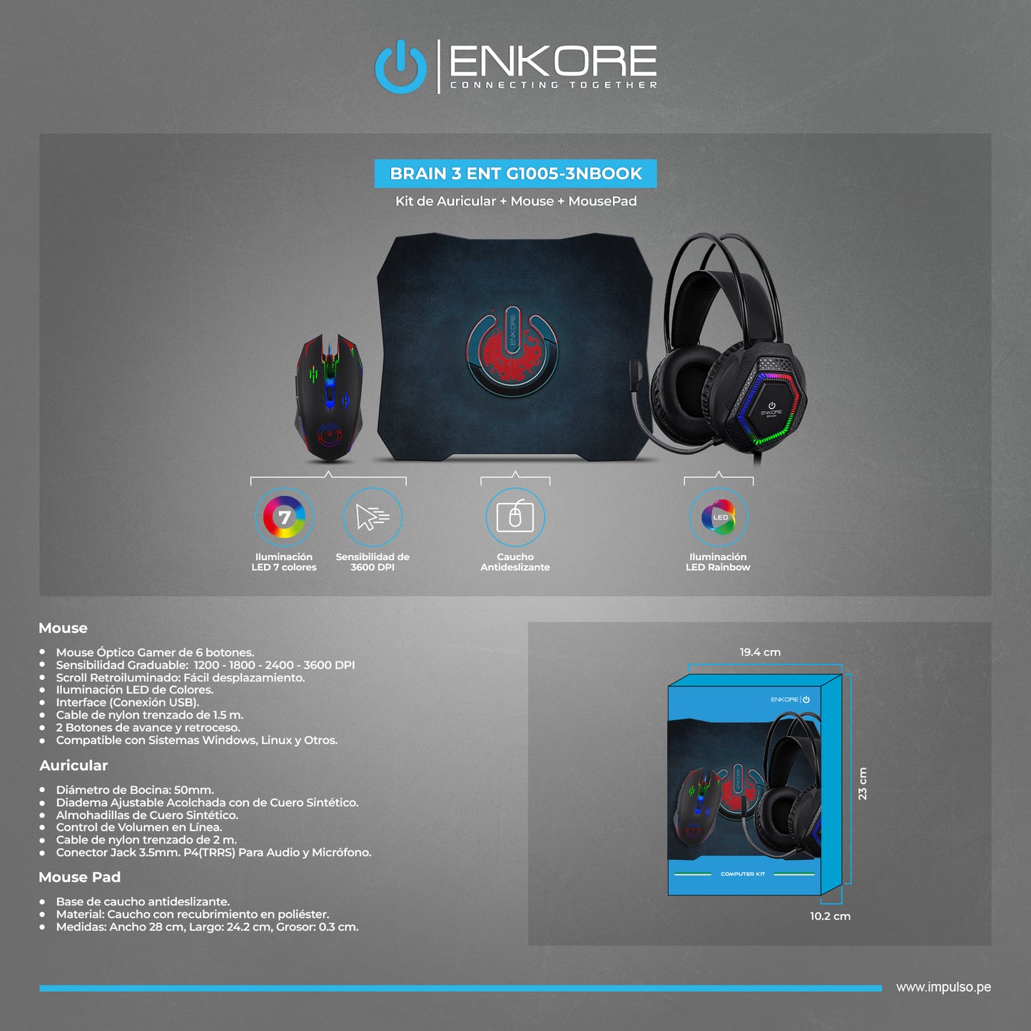 Kit Gamer 3 en 1 Mouse+Auricular+Pad Brain3 ENT G1005-3NBOOK