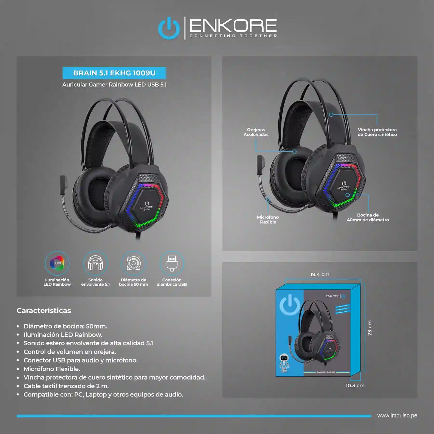 Auricular Gamer Rainbow LED 5.1 Brain EKHG 1009U