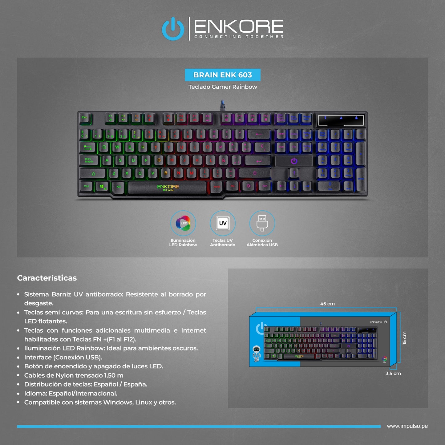 Teclado Gamer Membrana Rainbow LED Brain ENK 603