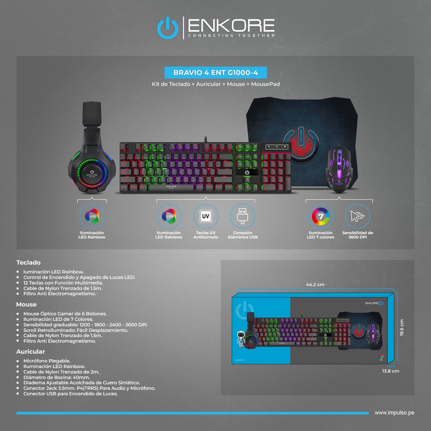 Kit Gamer 4 en 1 Teclado+Auricular+Mouse+Pad Brain4 ENT G1005-4