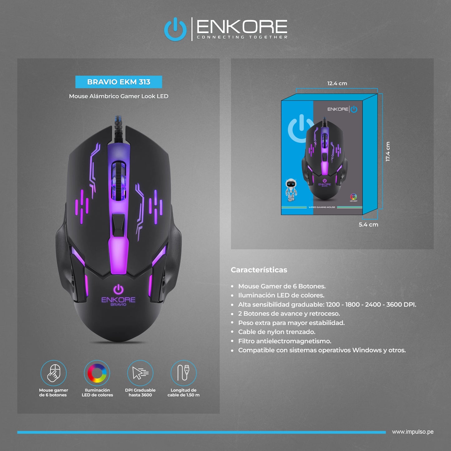 Mouse Gamer LED 6B 3600DPI Bravio EKM 313
