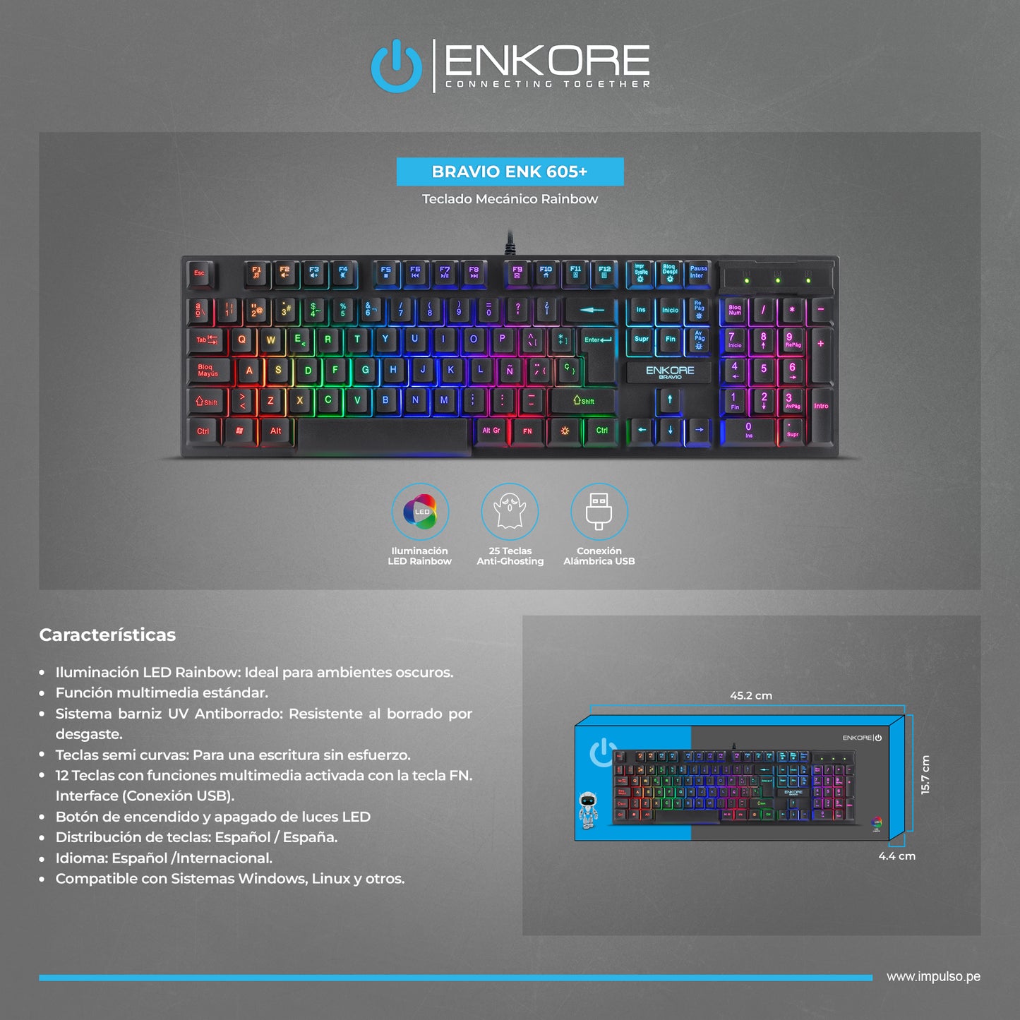 Teclado Gamer Membrana Rainbow LED Bravio ENK 605