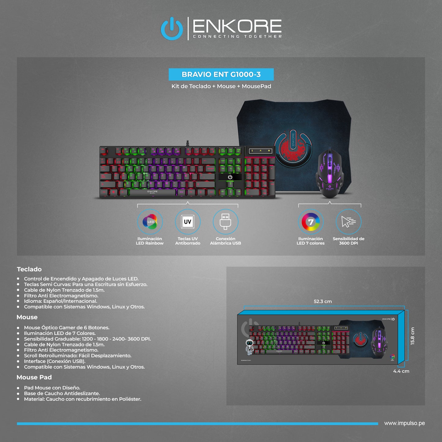 Kit Gamer 3 en 1 Teclado+Mouse+Pad Bravio ENT G1000-3