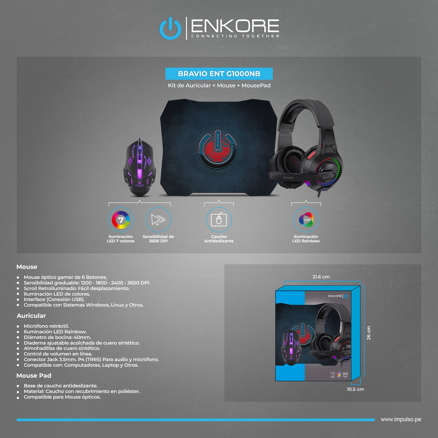 Kit Gamer 3 en 1 Mouse+Auricular+Pad Bravio ENT G1000NB