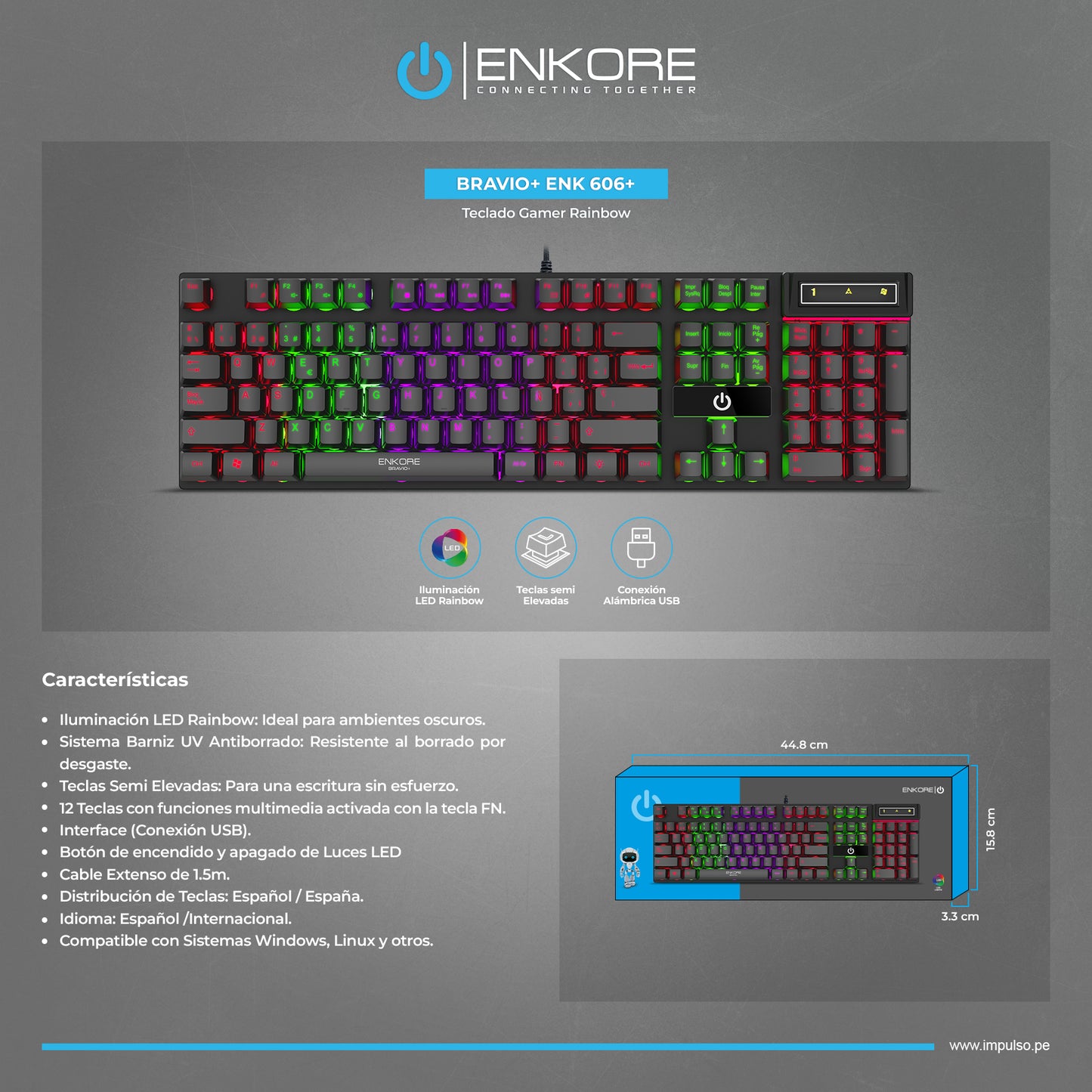Teclado Gamer Membrana Rainbow LED Bravio+ ENK 606+