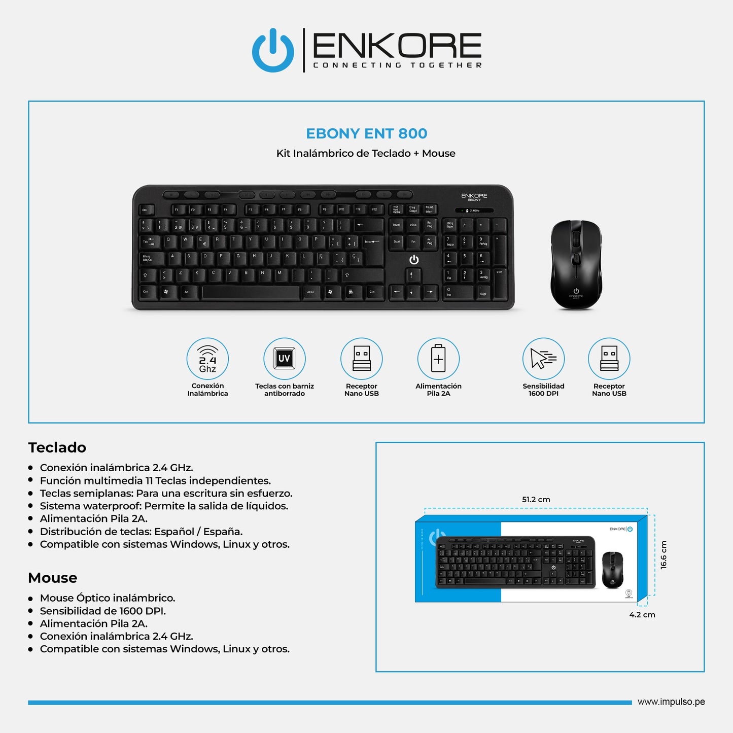 Kit Oficina Inalámbrico Multimedia Teclado + Mouse Ebony ENT 800