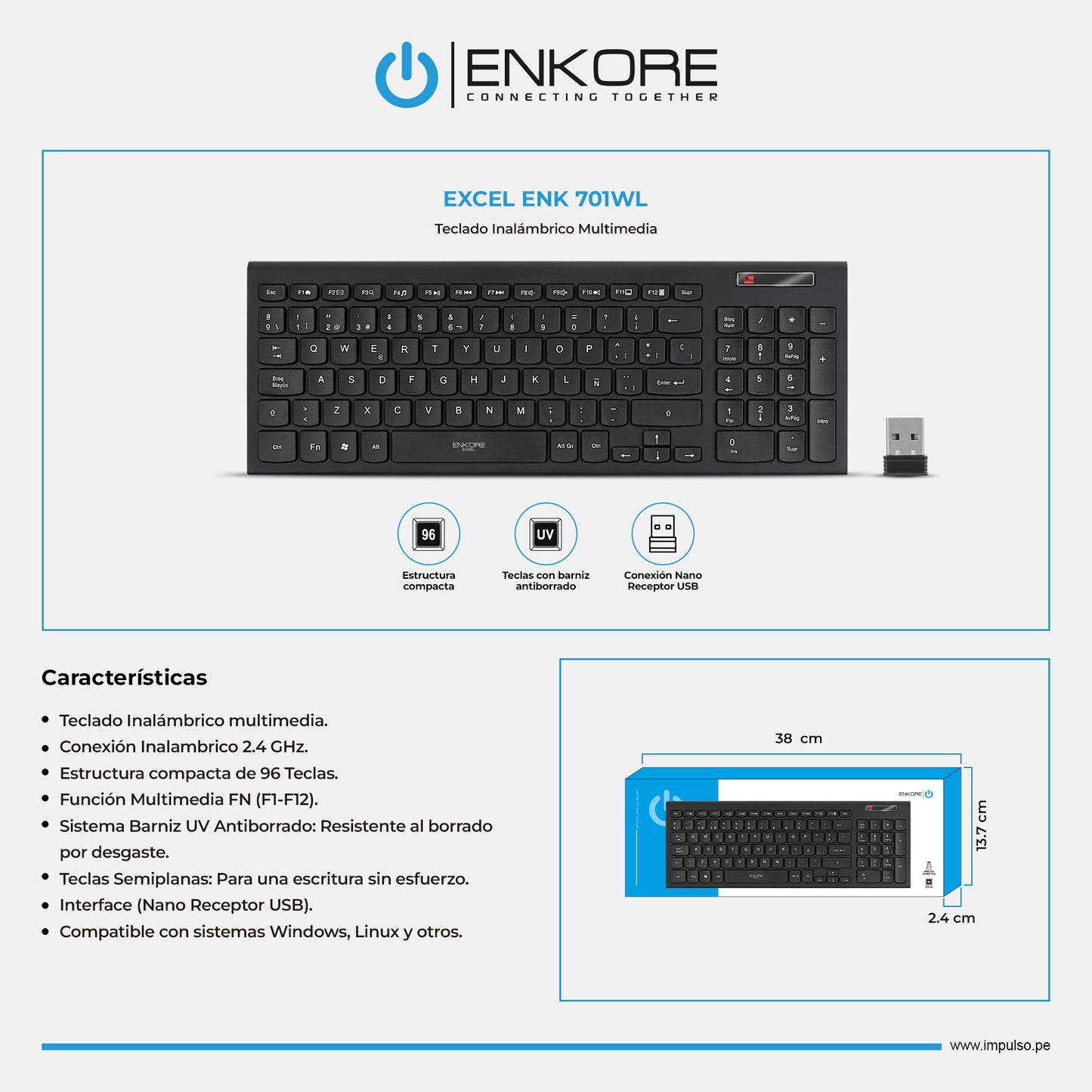 Teclado Oficina Inalámbrico 96 Teclas Excel ENK 701WL