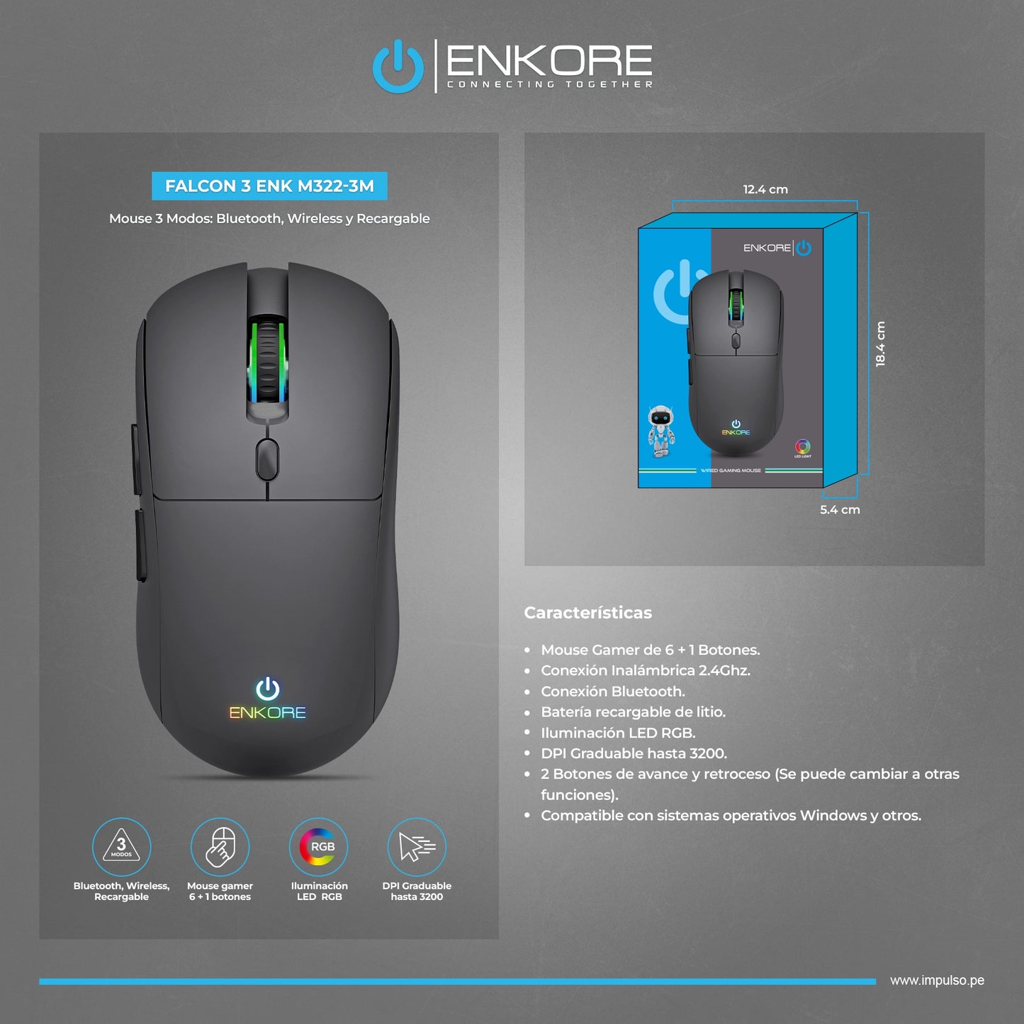 Mouse Gamer 3 Modos: BT/Inalámbrico/Recargable 3200DPI Falcon 3 EKM M322-3m