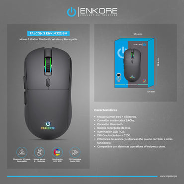 Mouse Gamer 3 Modos: BT/Inalámbrico/Recargable 3200DPI Falcon 3 EKM M322-3m