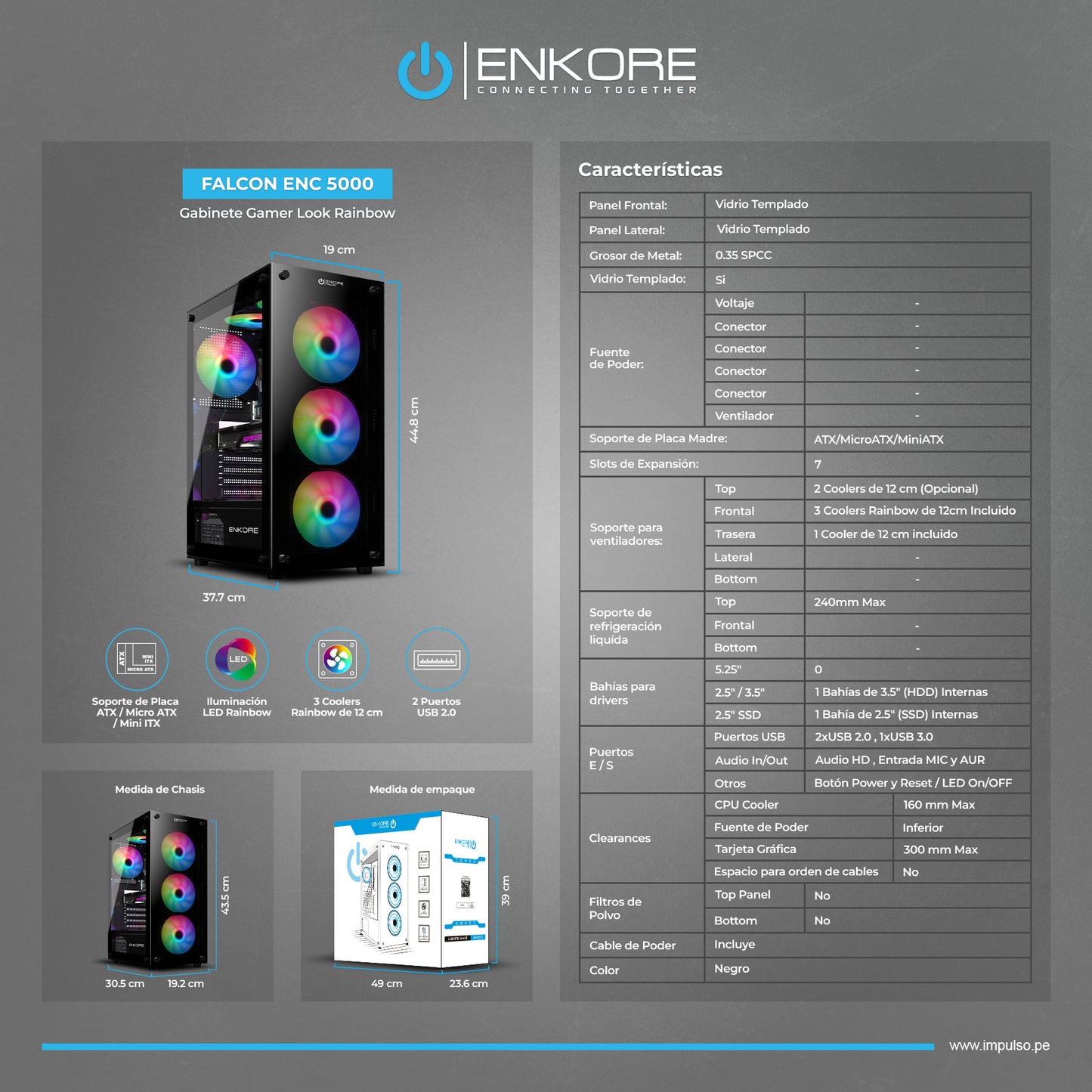 Gabinete Gamer ATX 4 Coolers Rainbow Falcon ENC 5000