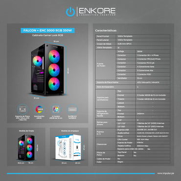 Gabinete Gamer ATX con Fuente de 350W 4 Coolers ARGB Falcon + ENK 5000 RGB 350W