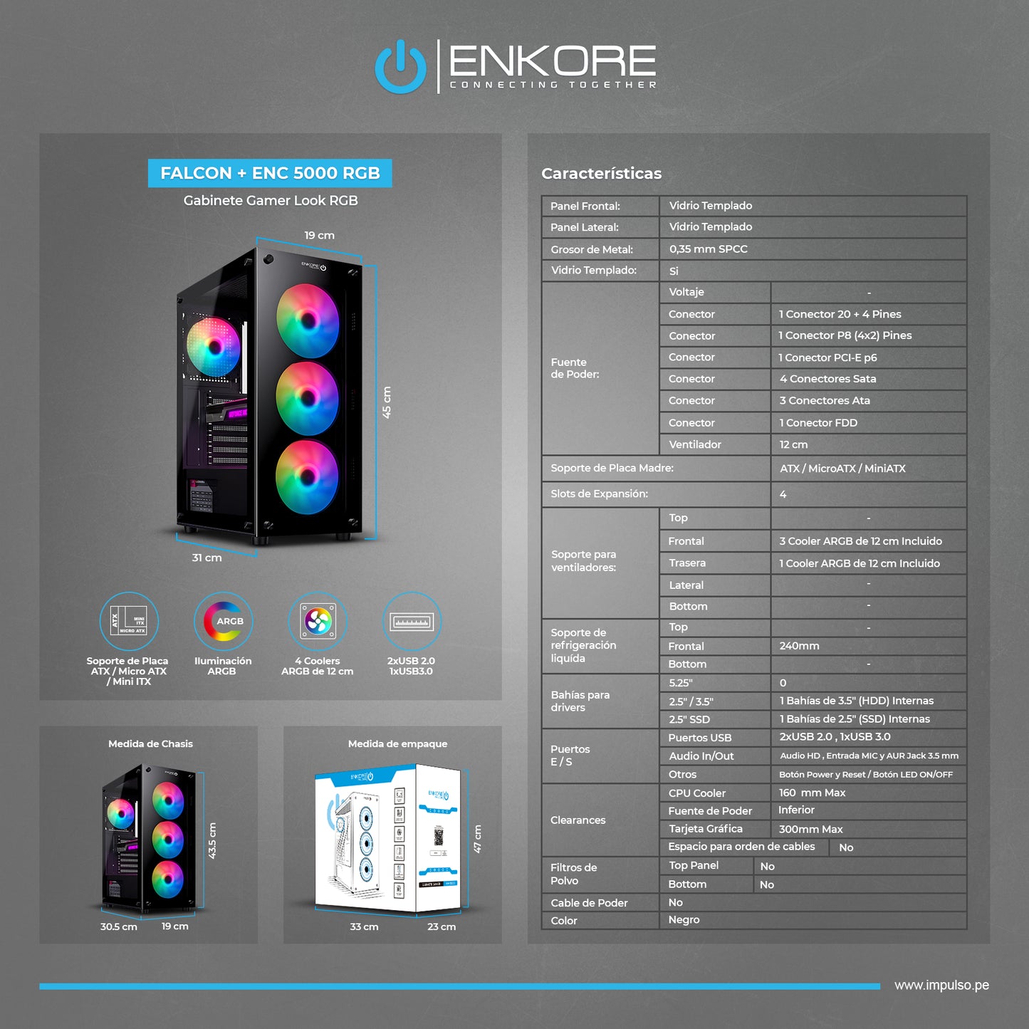 Gabinete Gamer ATX 4 Coolers ARGB Falcon + ENK 5000-RGB