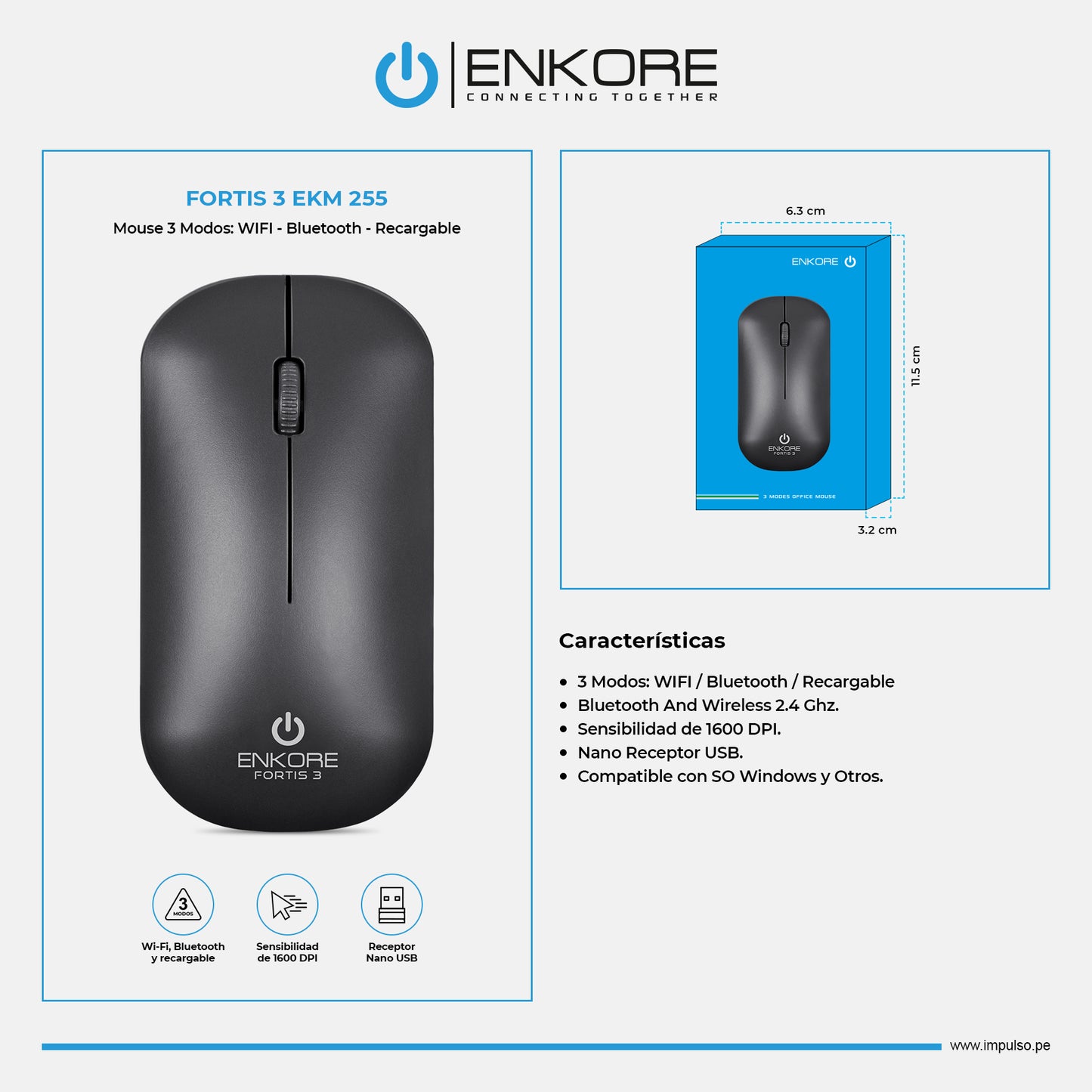 Mouse Oficina 3 Modos: BT/Inalámbrico/Recargable 1600DPI Fortis 3 ENK M255
