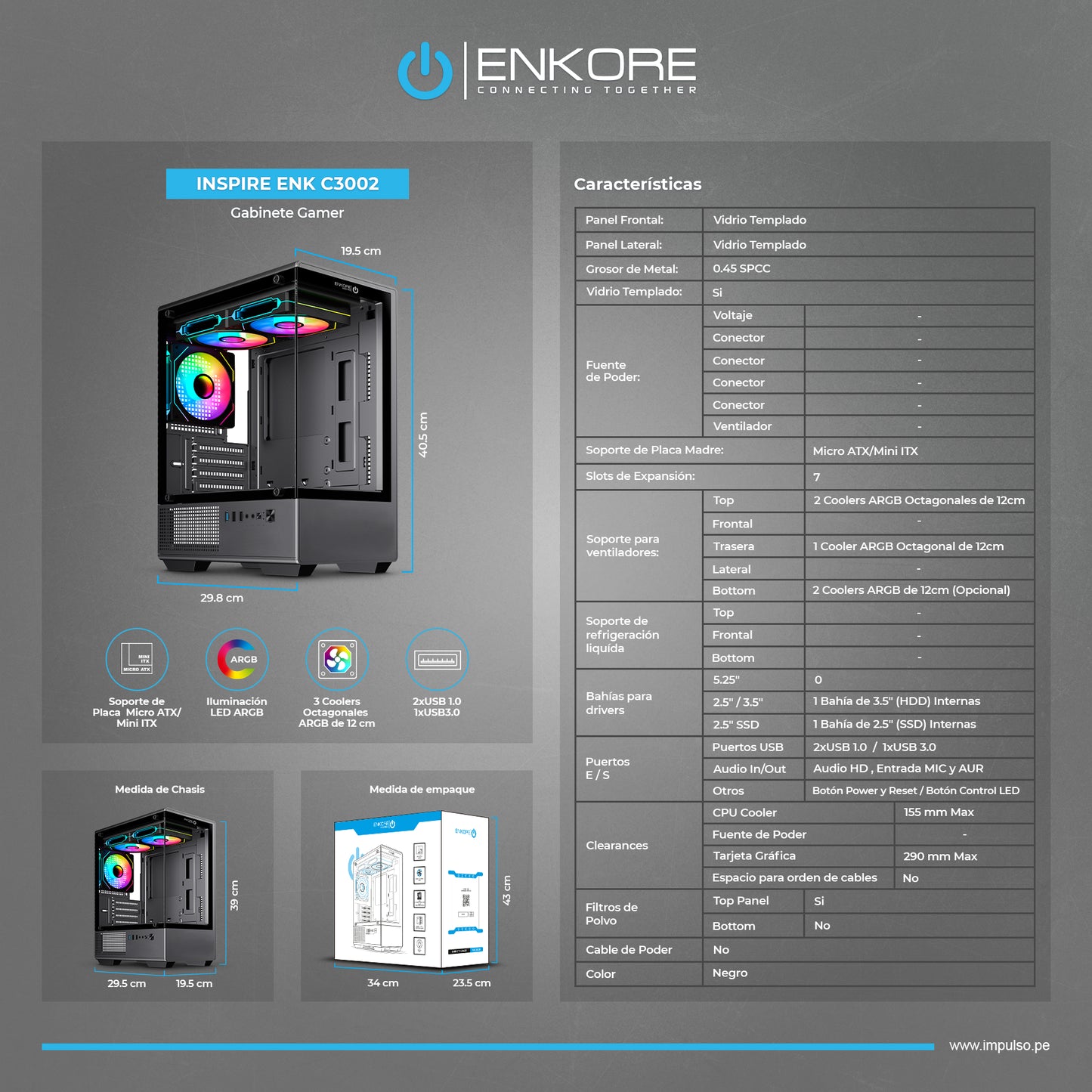 Gabinete Gamer MATX 3 Coolers ARGB Inspire ENK C3002