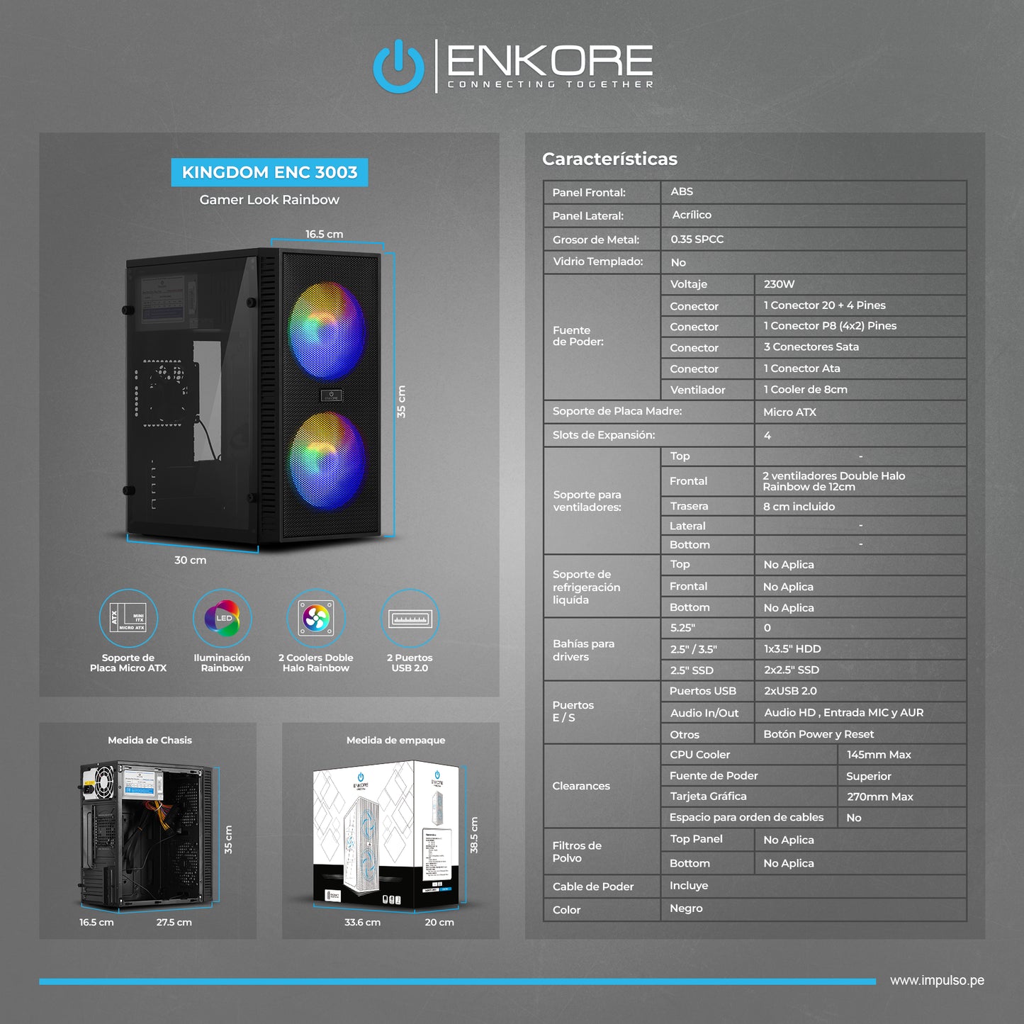 Gabinete Gamer MATX 2 Coolers Rainbow con Fuente de 230W Kingdom ENC 3003