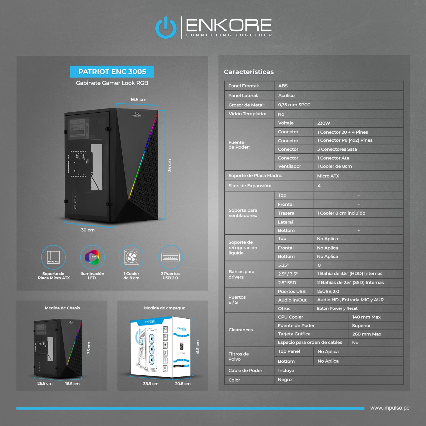 Gabinete Gamer MATX RGB con Fuente de 230W Patriot ENC 3005