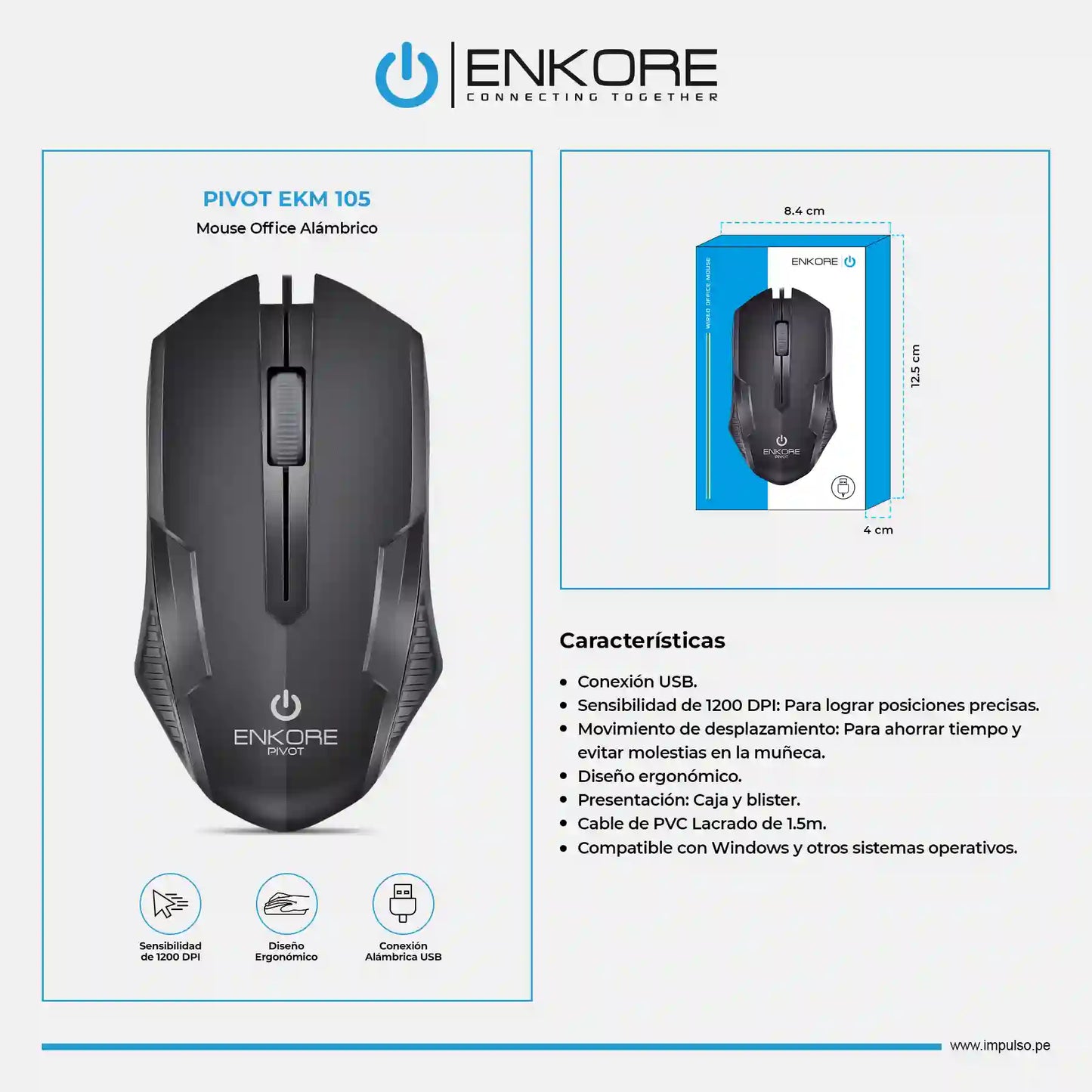 Mouse Oficina Alámbrico 1000DPI Pivot EKM 105