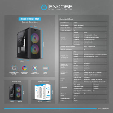Gabinete Gamer MATX con Fuente de Poder 250W 2 Coolers ARGB Random ENK 3021