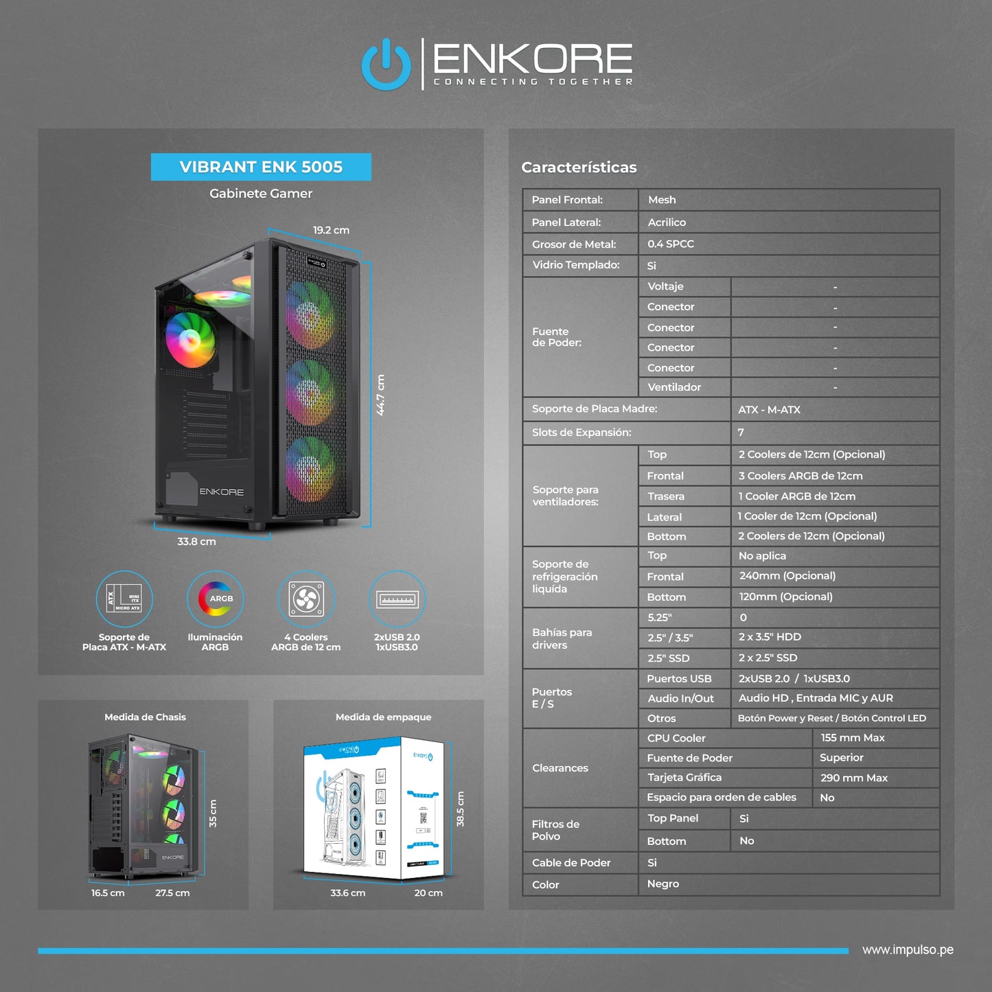 Gabinete Gamer ATX 4 Coolers ARGB Vibrant ENK 5005