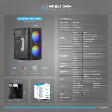 Gabinete Gamer MATX con Fuente 230W 2 Coolers ARGB Kingdom+ ENC 3003R