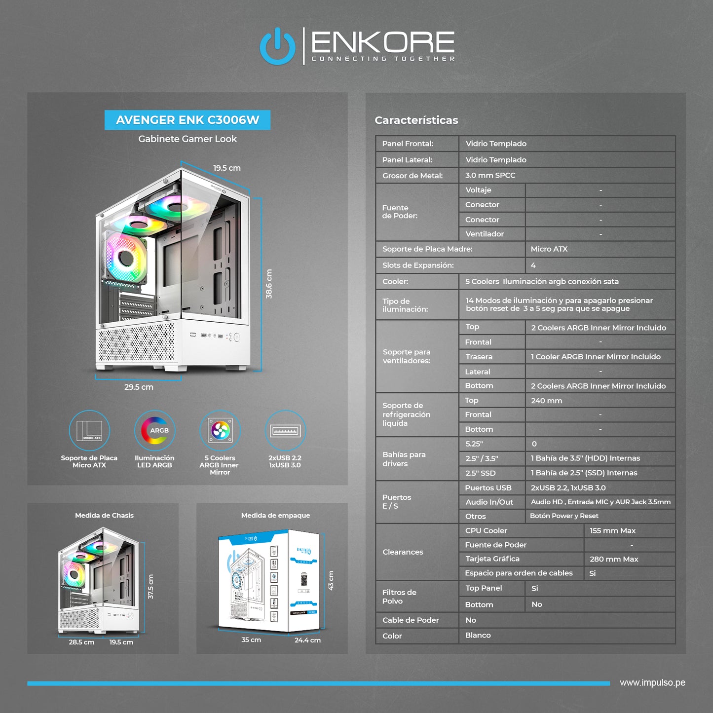 Gabinete Gamer MATX 5 Coolers ARGB Avenger ENK C3006