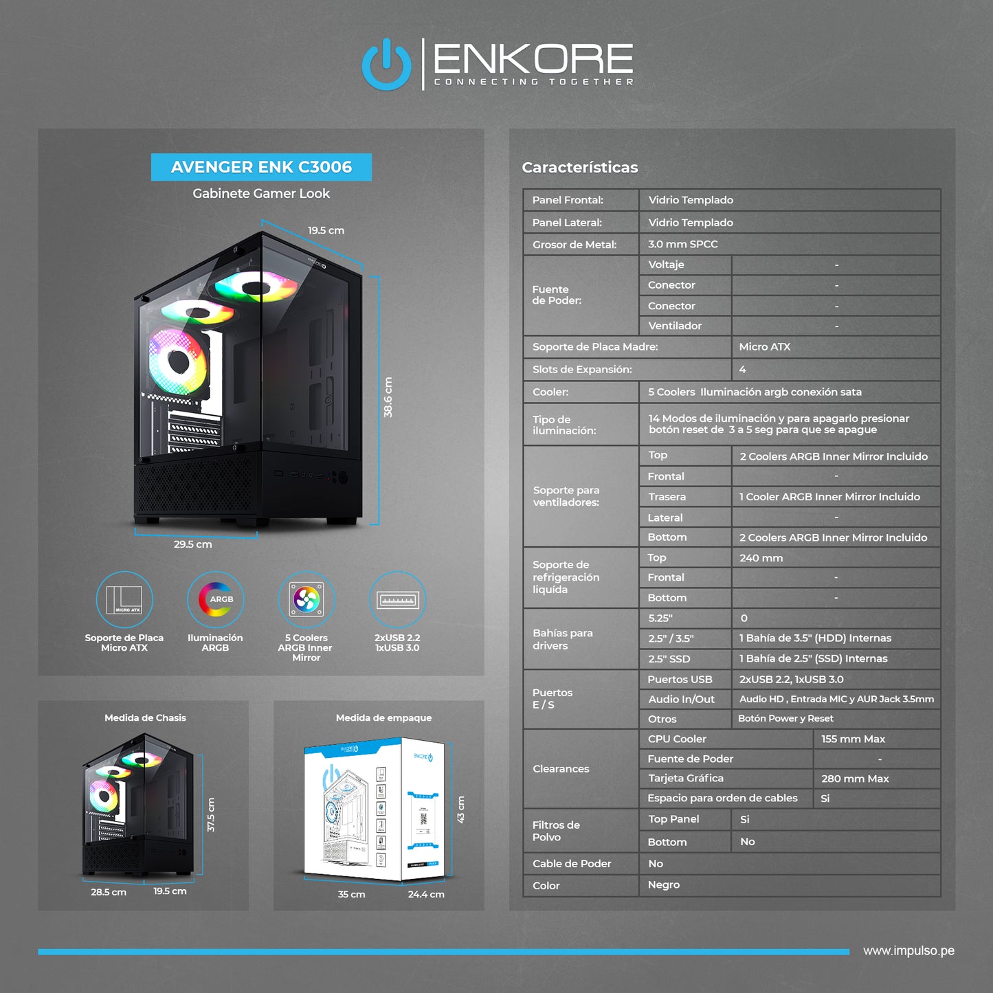 Gabinete Gamer MATX 5 Coolers ARGB Avenger ENK C3006