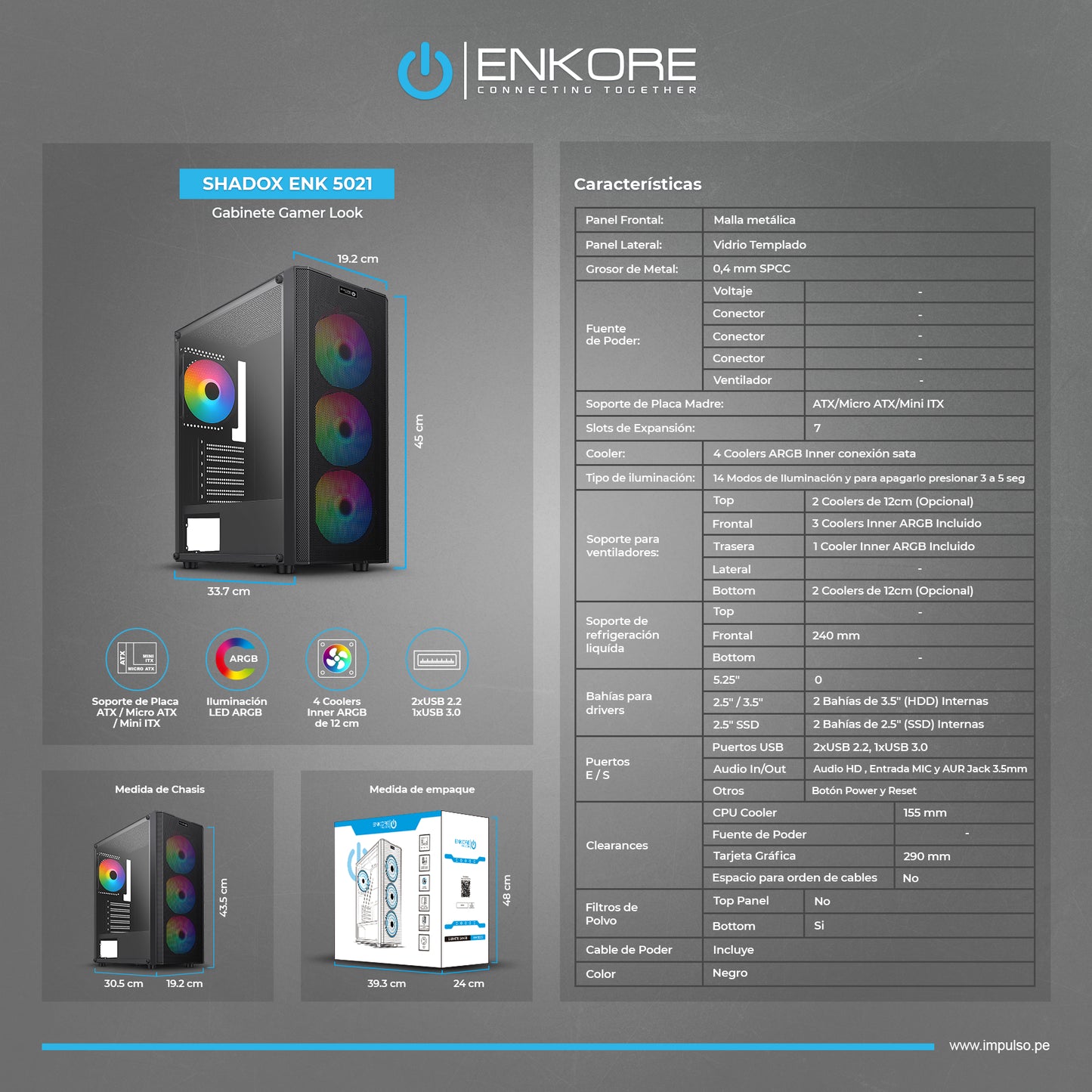 Gabinete Gamer ATX 4 Coolers ARGB Shadox ENK 5021