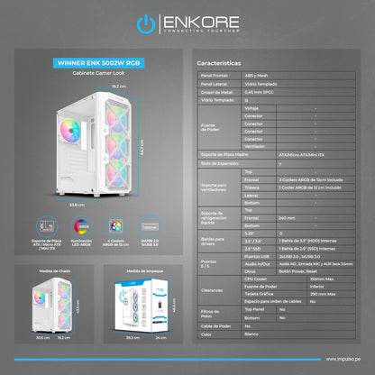 Gabinete Gamer ATX 4 Coolers ARGB Winner ENK 5002 RGB