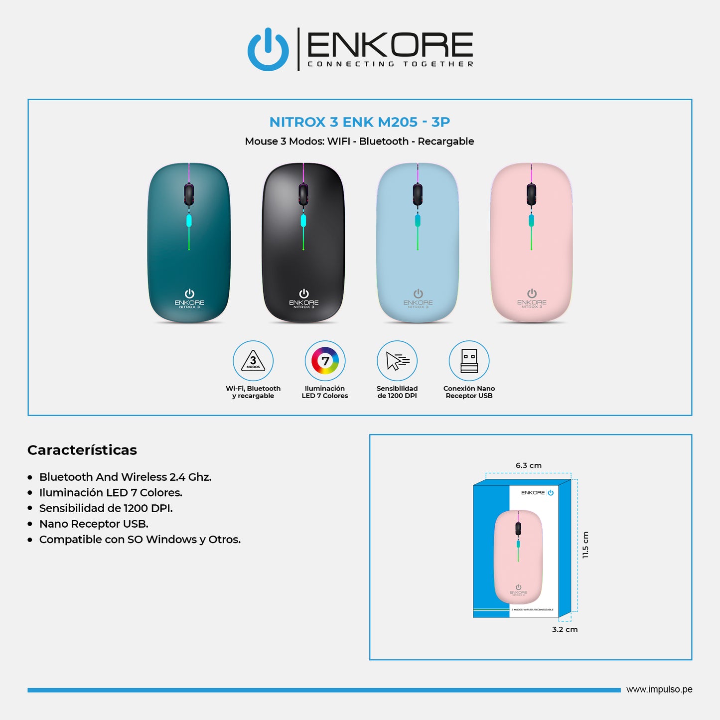 Mouse Oficina 3 Modos: BT/Inalámbrico/Recargable 1200DPI Nitrox 3 ENK M205-3m