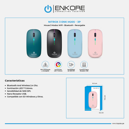 Mouse Oficina 3 Modos: BT/Inalámbrico/Recargable 1200DPI Nitrox 3 ENK M205-3m