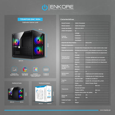 Gabinete Gamer MATX 3 Coolers ARGB Tzuntori ENC 3034