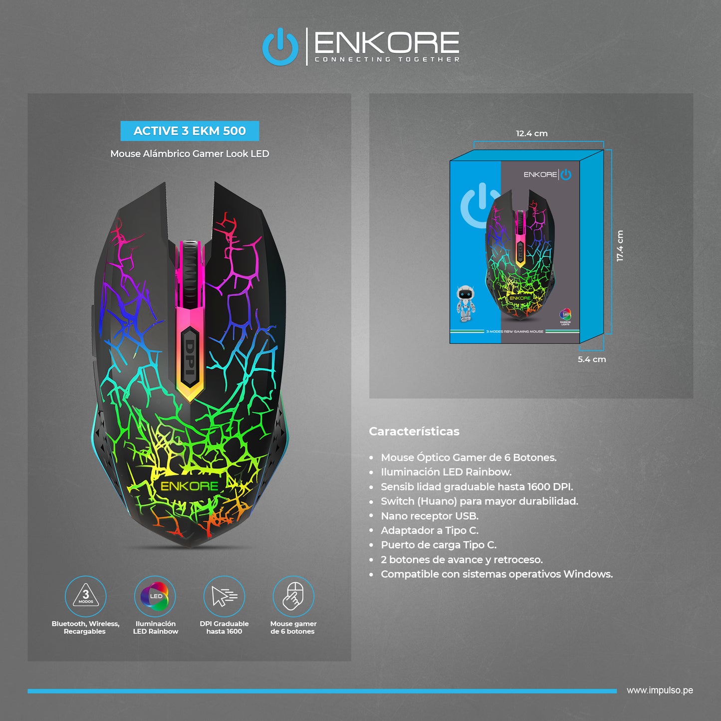 Mouse 3 Modos: BT/Inalámbrico/Recargable 1600DPI Active 3 EKM 500