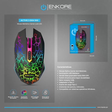 Mouse 3 Modos: BT/Inalámbrico/Recargable 1600DPI Active 3 EKM 500