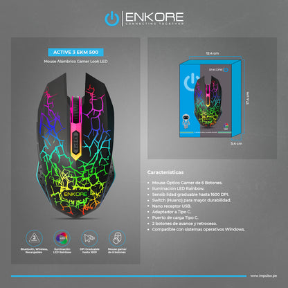 Mouse 3 Modos: BT/Inalámbrico/Recargable 1600DPI Active 3 EKM 500