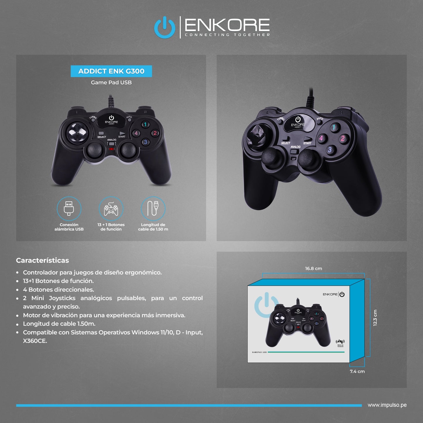 Gamepad USB con Vibración 14 Botones Addict ENK G300