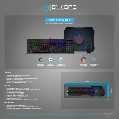 Kit Gamer 3 en 1 Teclado+Mouse+Pad Brain3 ENT G1005-3