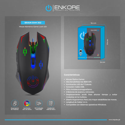 Mouse Gamer LED 6B 3600DPI Brain EKM 302