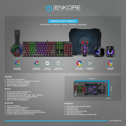Kit Gamer 5 en 1 Teclado+Parlante+Auricular+Mouse+Pad Bravio ENT G1000-5