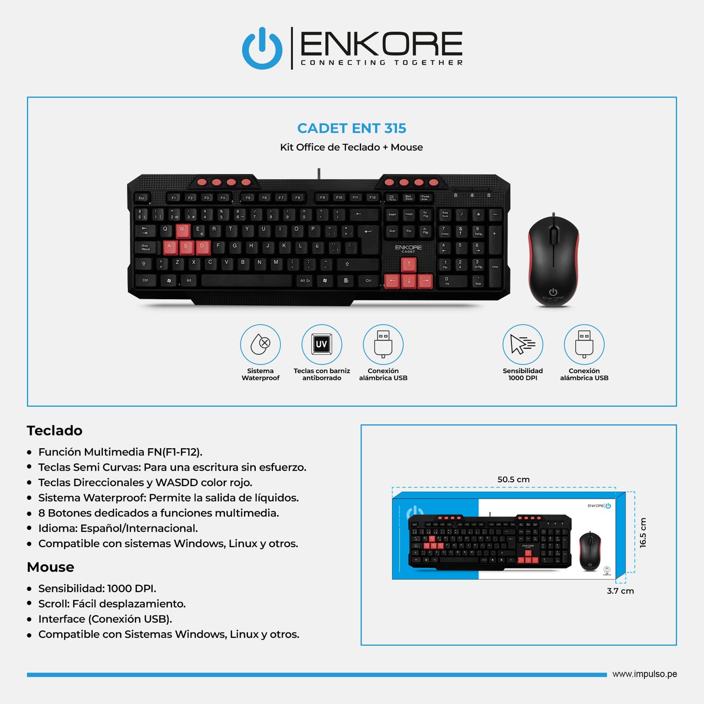 Kit Oficina Multimedia Alámbrico Teclado + Mouse Cadet ENT 315
