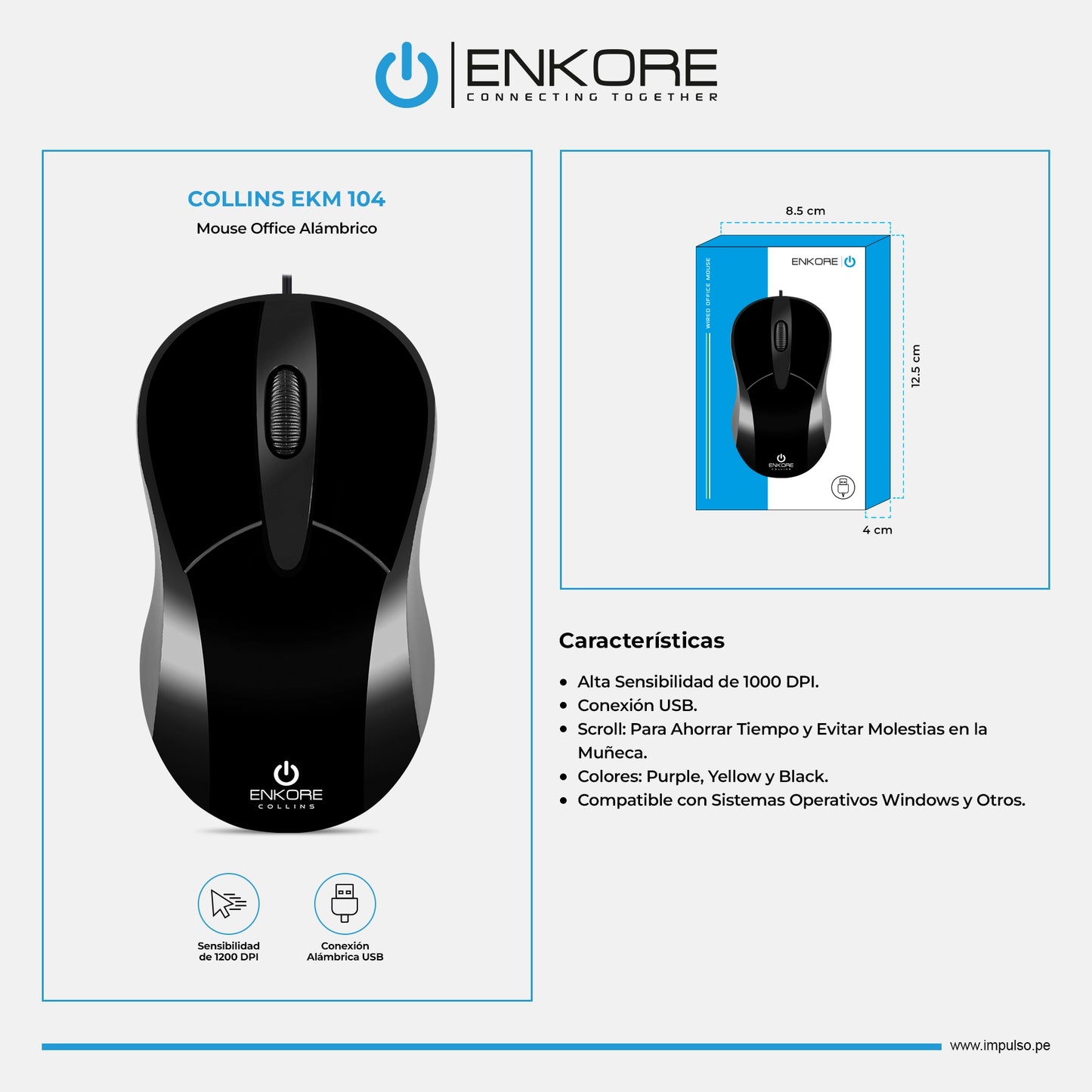 Mouse Oficina Alámbrico 1000DPI Collins EKM 104