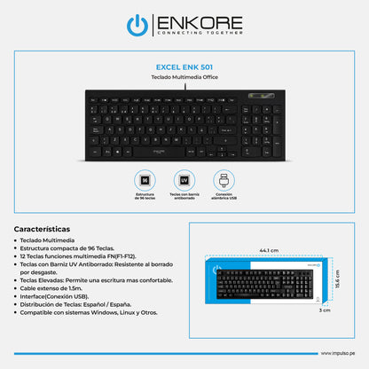 Teclado Oficina Multimedia Alámbrico 96 teclas Excel ENK 501