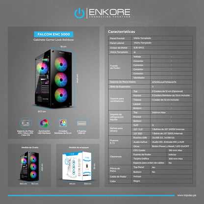 Gabinete Gamer ATX 4 Coolers Rainbow Falcon ENC 5000