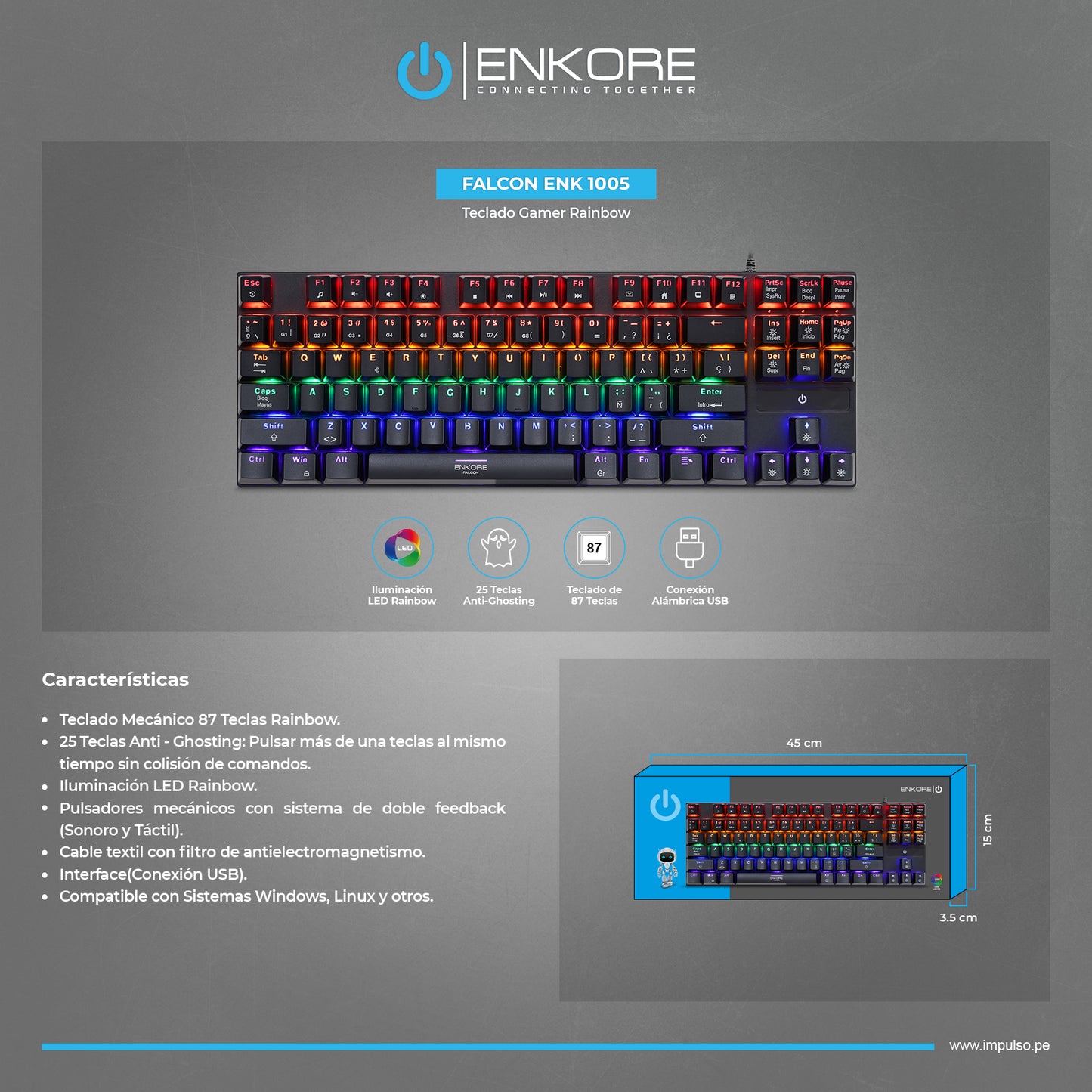 Teclado Gamer Mecánico 87 Teclas Rainbow LED Falcon ENK 1005